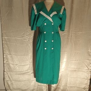 Vintage Turquoise White Double Breasted Short Sleeve Sailor Midi Dress. Surplice